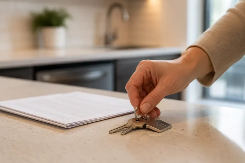 A person holding house keys on a kitchen counter next to a stack of documents.