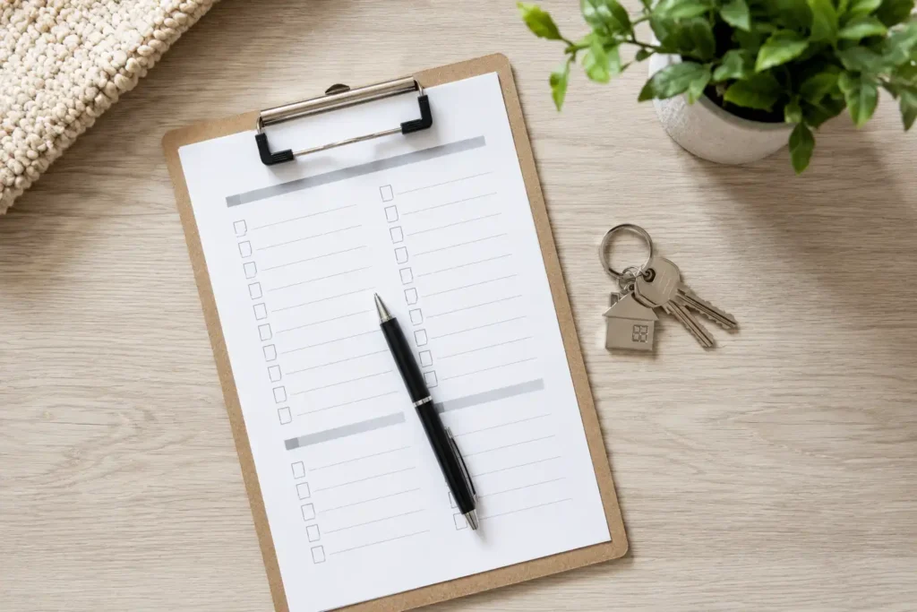 A clipboard with a blank checklist template and black pen rests on a wooden desk next to keys and a potted plant.