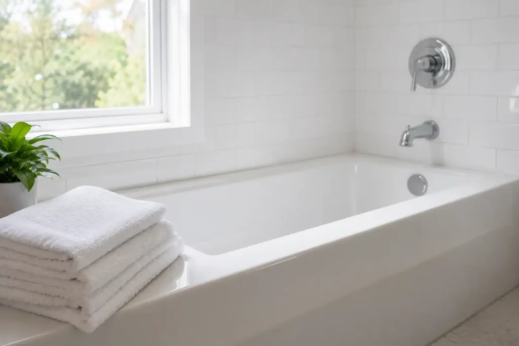 A clean, modern bathroom featuring a white soaking tub with chrome fixtures, folded white towels on the edge, a potted plant, and a window overlooking greenery.