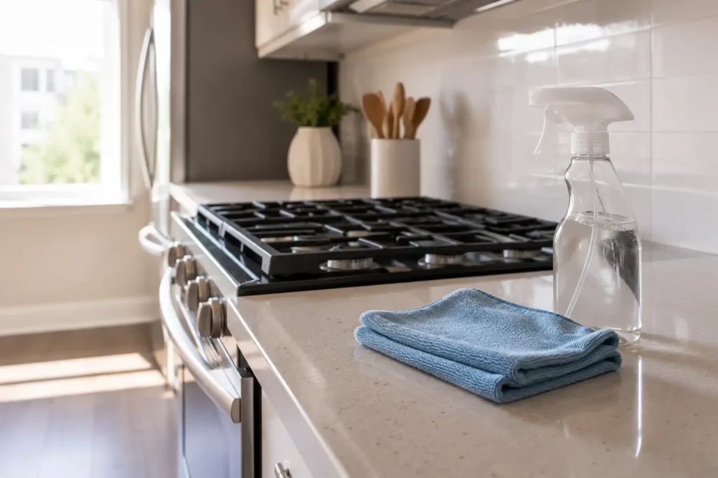 A clean kitchen countertop with a spray bottle and folded blue cloth next to a gas stove, with decorative items and a window visible in the background.