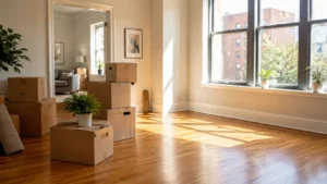 A bright, sunlit apartment interior with cardboard moving boxes stacked throughout, wooden floors, large windows overlooking a brick building, and potted plants on windowsills.