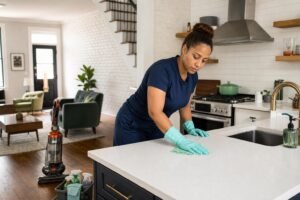 Professional cleaner wiping a kitchen counter during standard house cleaning in Baltimore