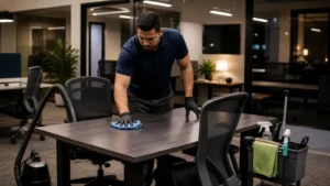 Professional cleaner wiping a conference table in a Baltimore office after business hours