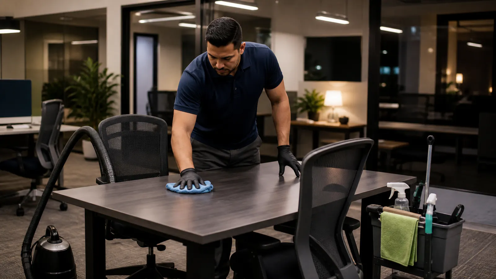Professional cleaner wiping a conference table in a Baltimore office after business hours