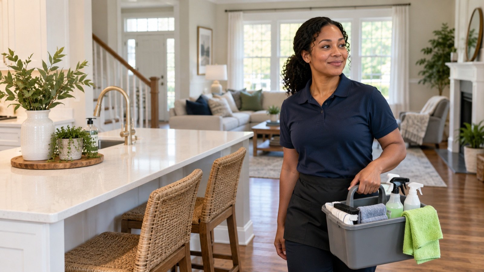 Professional cleaner carrying supplies in a Baltimore County home
