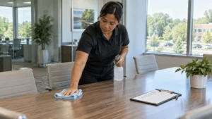 Professional cleaner wiping a conference table in a Baltimore County office.