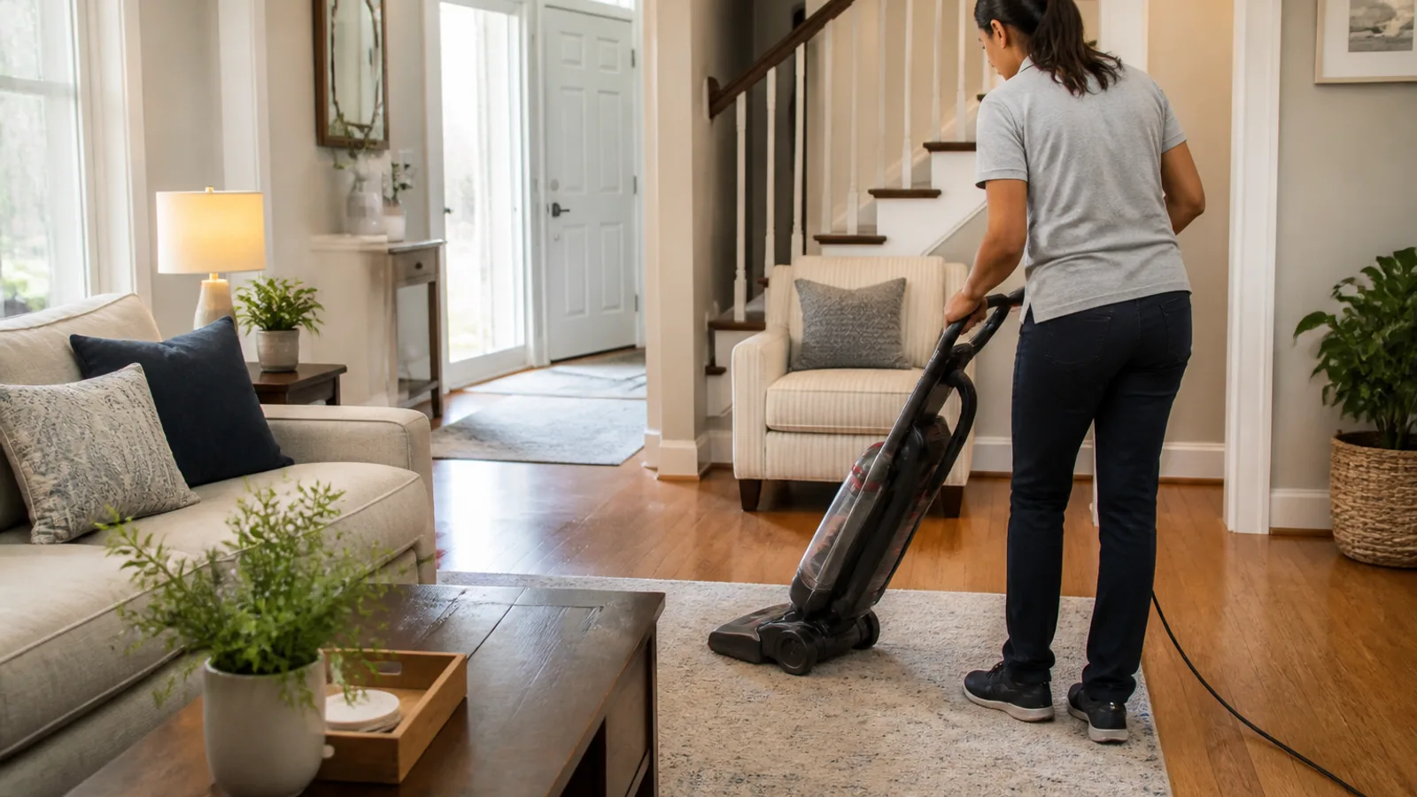 Professional cleaner vacuuming a bright family home in the Baltimore area
